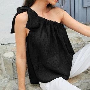 Black One Shoulder Linen Top